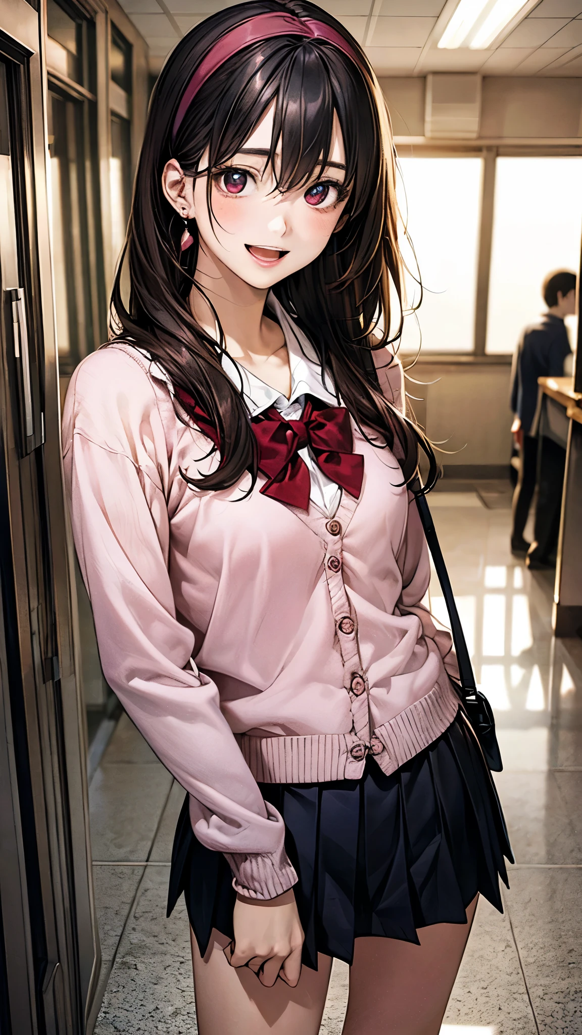 (masterpiece:1.2, highest quality), (realistic photo:1.4), beautiful illustrations, (natural side lighting, movie lighting),
looking at the viewer, 1 girl, japanese, high school girl, perfect face, cute symmetrical face, shiny skin, ,
(long hair, straight hair, black hair), hair between eyes, maroon eye idol chest, seductive thighs, big ass), earrings, break (dark red hairband, dark red flat bow tie), break
beautiful hair, beautiful face, detailed and beautiful eyes, beautiful clavicle, beautiful body, beautiful breasts, beautiful thighs, beautiful feet, beautiful fingers, slender,
(white collared shirt, long sleeve pink knit cardigan, black pleated mini skirt), break navy school bag,
(beautiful scenery), evening, (school hallway:1.1), (pigeon toed, holding homemade cookies), (lovely smile, upper eye, open mouth small),