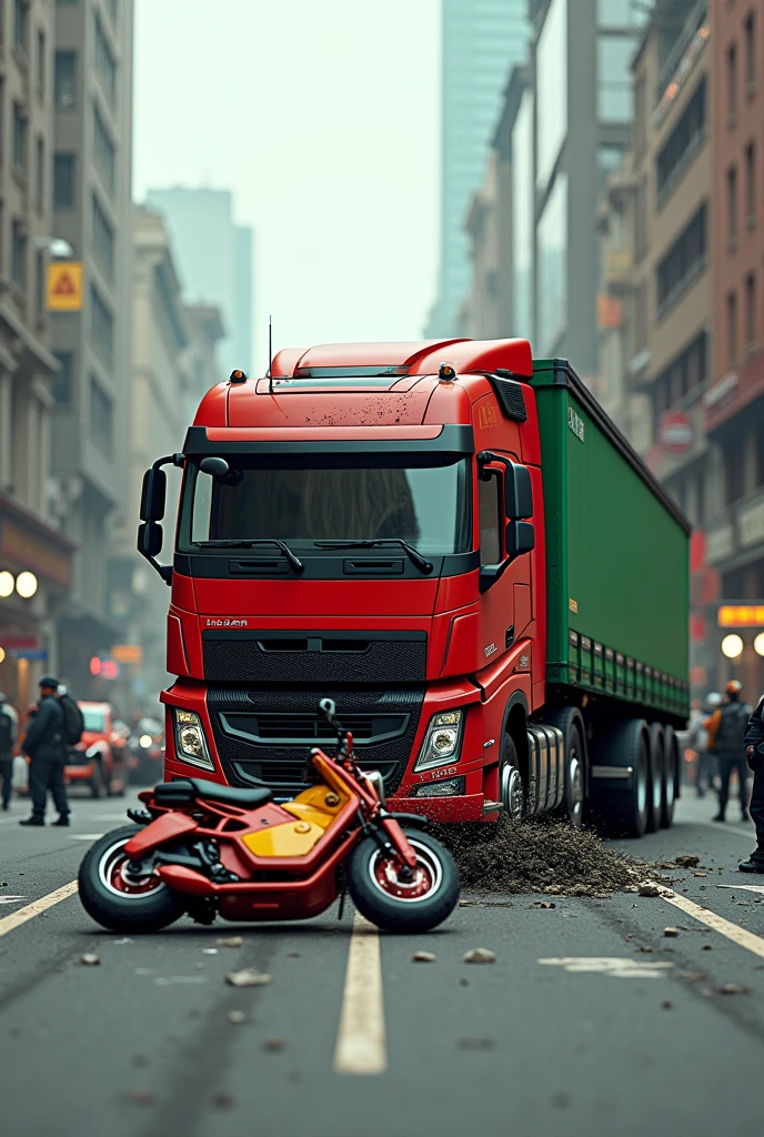 A red and green colour big truck accident and smashed a red and yellow colour scooter
