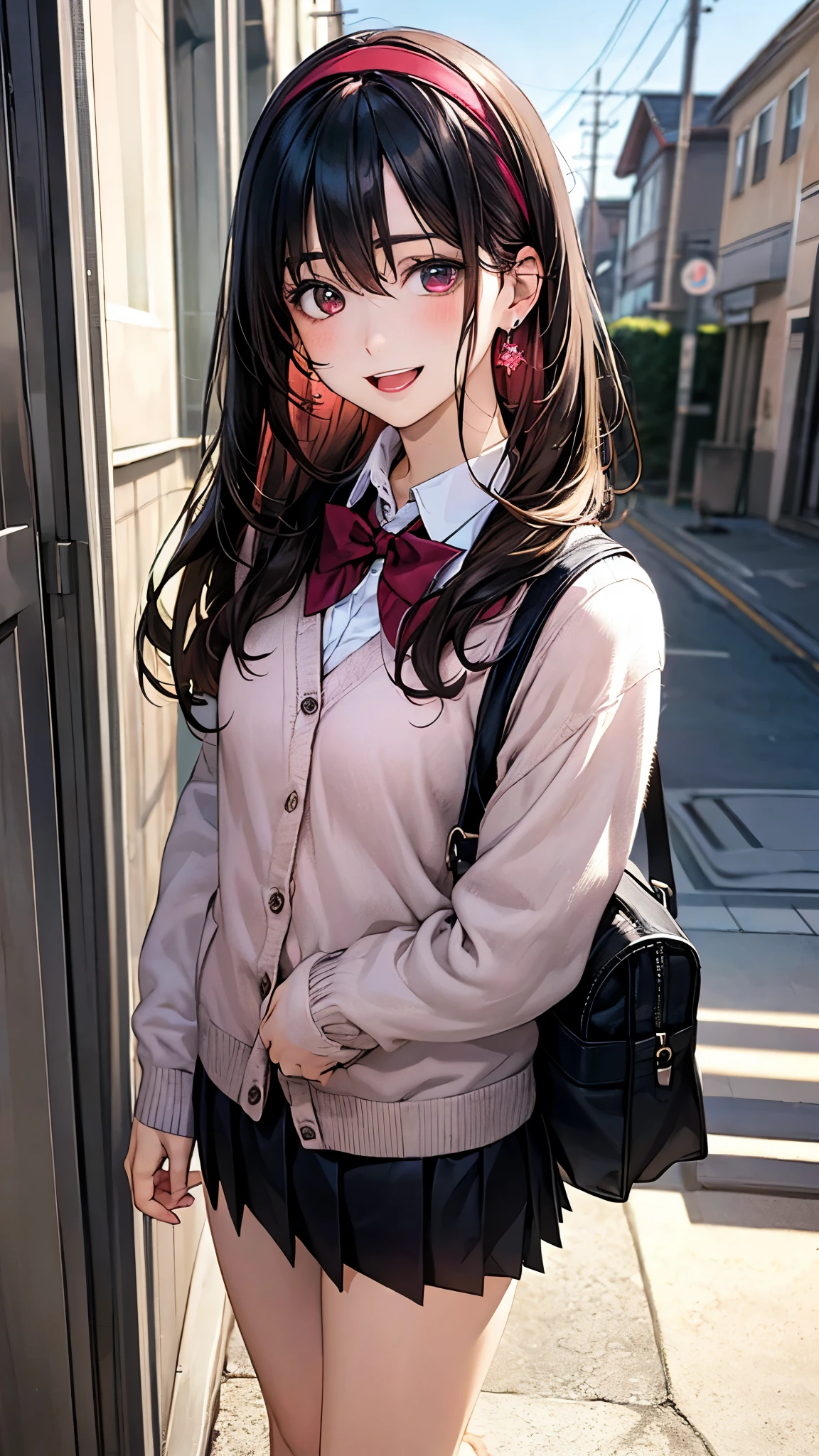 (masterpiece:1.2, highest quality), (realistic photo:1.4), beautiful illustrations, (natural side lighting, movie lighting), 
looking at the viewer, 1 girl, japanese, high school girl, perfect face, cute symmetrical face, shiny skin, , 
(long hair, straight hair, black hair), hair between eyes, maroon eye idol chest, seductive thighs, big ass), earrings, break (dark red hairband, dark red flat bow tie), break
beautiful hair, beautiful face, detailed and beautiful eyes, beautiful clavicle, beautiful body, beautiful breasts, beautiful thighs, beautiful feet, beautiful fingers, slender, 
(white collared shirt, long sleeve pink knit cardigan, black pleated mini skirt), break navy school bag, 
(beautiful scenery), evening, (school hallway:1.1), (pigeon toed, holding homemade cookies), (lovely smile, upper eye, open mouth small), 