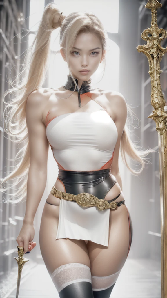 masterpiece, Best Quality, super rendering, super Realistic, High Detail Face, Clean and delicate face, whole body, Crouch and swing a long sword, grip the sword anatomically correctly, Single Braided blonde pony tail, parted bangs, forehead, wearing a camisole and pleated mini skirt, white high cut underwear, Sleeveless, black pantyhose, white short boots, glaring at the viewer, simple color background