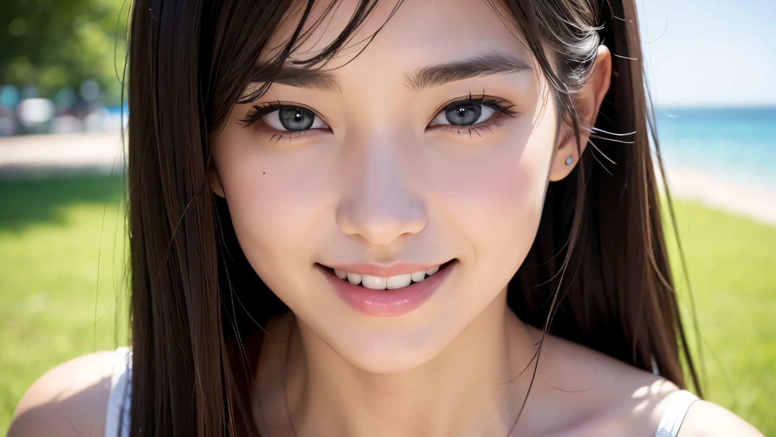 Summer TV commercial style, beautiful girl, smile, fair skin, beautiful skin, model pose, high quality, high definition