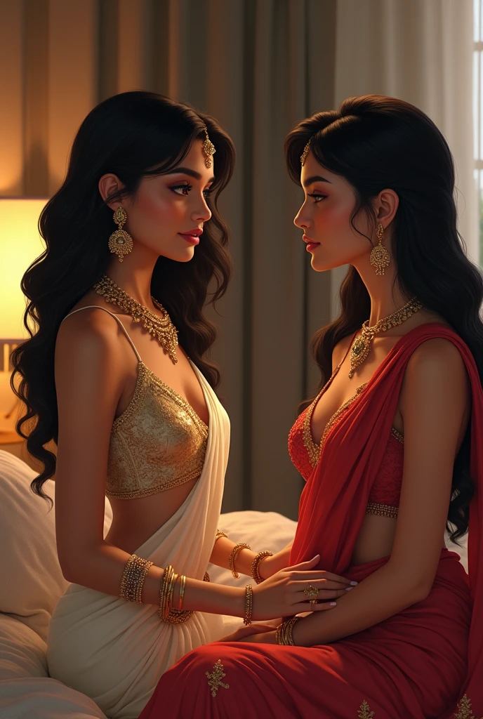 Make a picture in which two beautiful Indian women are talking to each other in a bedroom with a 19 year old boy .