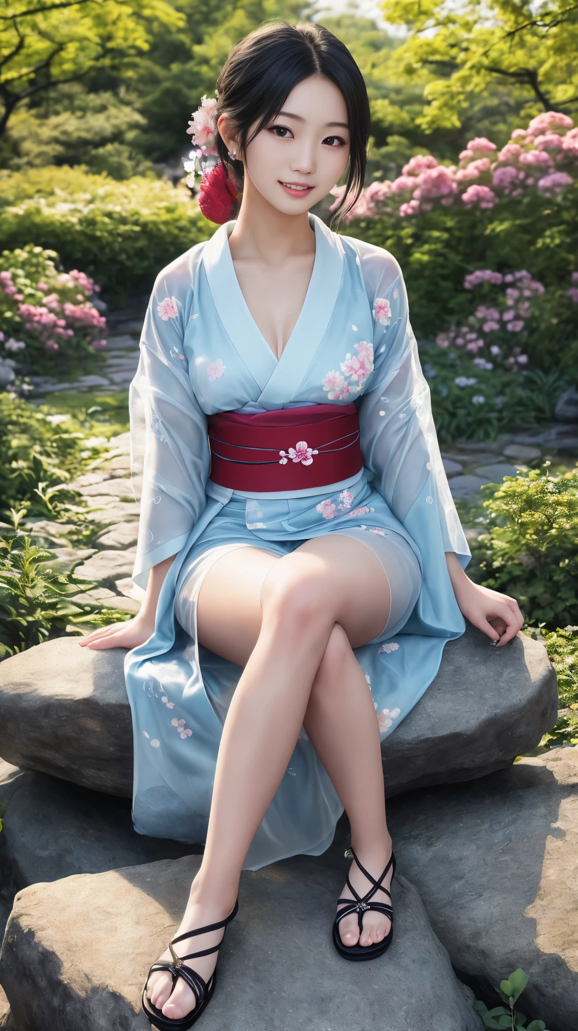 8K, ultra-resolution, full-body shot, super masterpiece, Japanese beauty wearing a white latex kimono , wearing sandals, in a park full of cherry blossoms, ink painting style