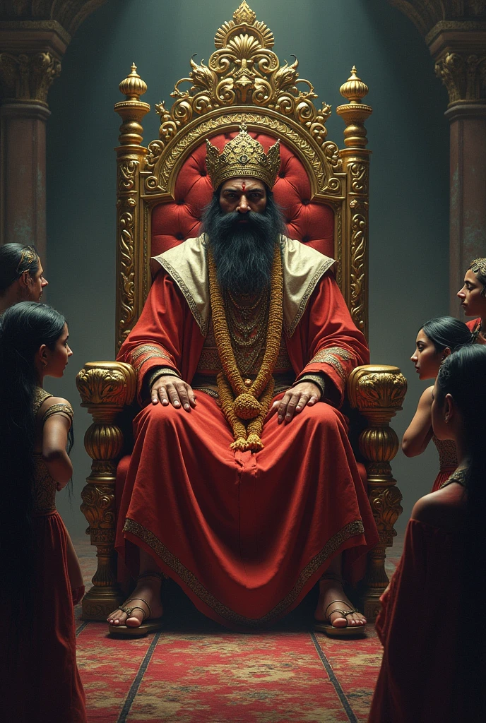 Show Indian king Kamsa seated on a grand throne in a lavish palace, wearing royal attire and a crown. His expression is stern and cruel, reflecting his tyranny. Surrounding him are frightened subjects, cowering in fear. The atmosphere should be dark and foreboding, with dim lighting and heavy shadows. Need a long imagelike he is seated in his throne in his palace

