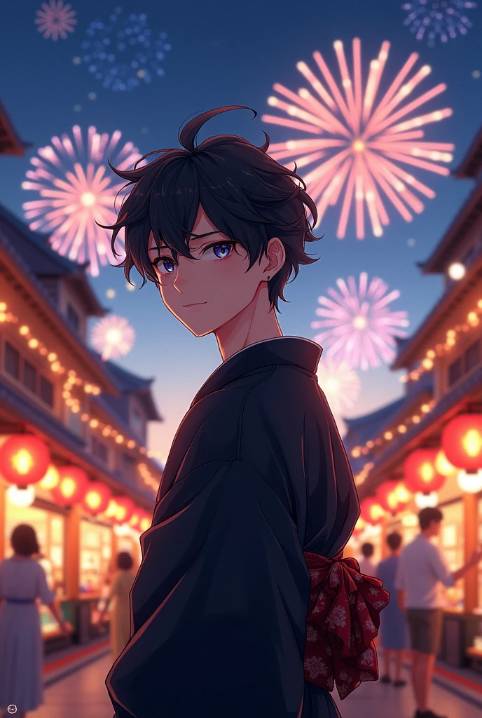 Summer festival, black yukata, realistic fireworks, young man, mashed hairstyle, mesh highlights, anime
