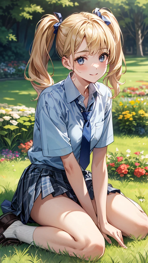 (masterpiece:1.3, top-quality, ultra high res, ultra detailed), (realistic:1.1, photorealistic:1.4), beautiful illustration, perfect lighting, colorful, depth of fields, 
beautiful detailed hair, beautiful detailed face, beautiful detailed eyes, beautiful clavicle, beautiful body, beautiful chest, beautiful thigh, beautiful legs, beautiful fingers, 
looking at viewer, 1 girl, japanese, high school girl, perfect face, (perfect anatomy, anatomically correct), cute and symmetrical face, babyface, suntan, shiny skin, 
(middle hair:1.5, twintails:1.2, blonde hair), asymmetrical bangs, blue eyes, long eye lasher, (medium breasts), slender, 
((collared short sleeve shirt, light blue shirt, , grey plaid pleated skirt, navy tie)), light blue panties, 
(beautiful scenery), evening, (park, grass, cityscape in the distance), wariza, ((double peace)), (lovely smile, upper eyes, parted lips), 