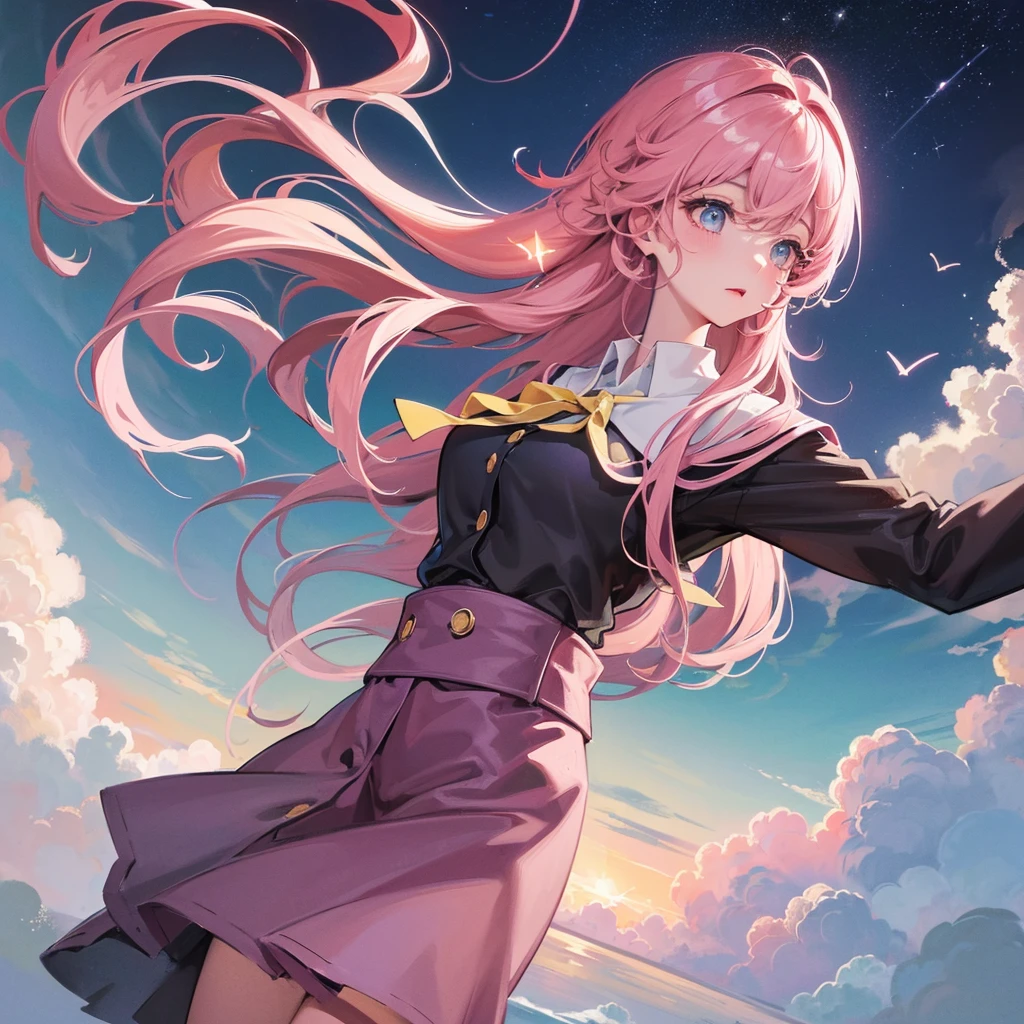 A dark sea of clouds stretches to the horizon。A girl with light pink hair and a school uniform is looking up at the sky above a sea of clouds。Above it the stars shine brightly。High resolution。