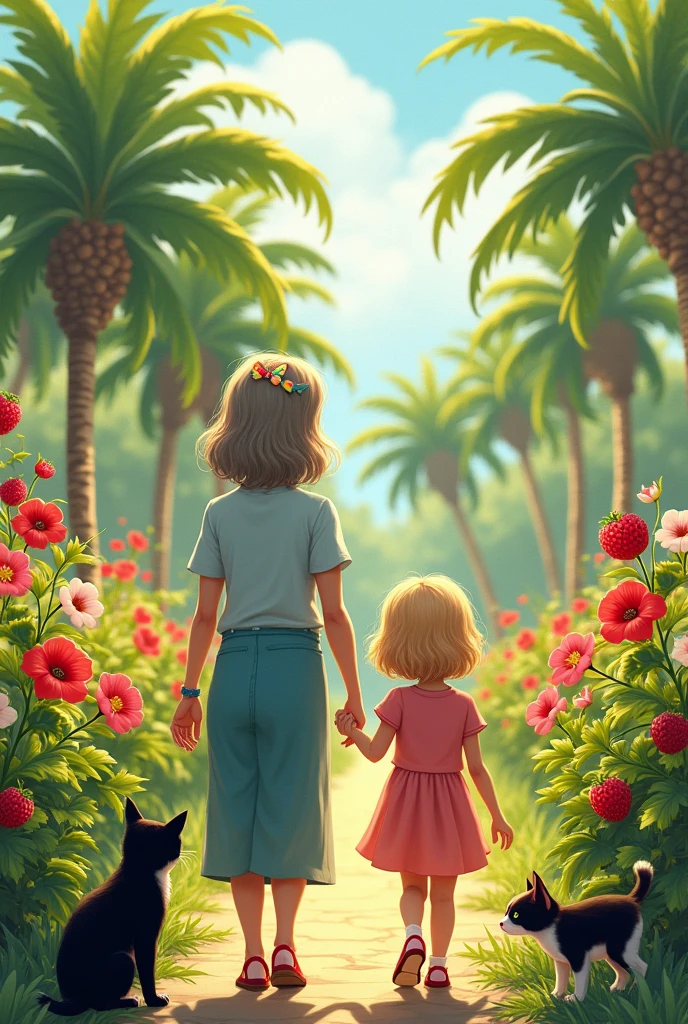 apparaissent une mamie de dos, les cheveux mi long grisonnants mais un peu brun, elle a une barette papillon multicolore dans les cheveux, elle tient par par main sa fille blonde de 4 ans qui est debout a côté d elle, de dos egalement. Elles avancent au soleil dans un jardin luciriant où lon voit des roses trémières, des framboisiers, des pieds de tomate et des palmiers. On peut apercevoir egalement dans ce jardin un chat noir un peu gros et un autre chat noir et marron