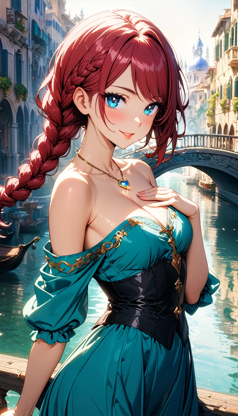 (masterpiece, very aesthetic:1.4), best quality, incredibly absurdres, Accurate, intricate, 8K, stunning, stylized,
ultra-detailed, (incredibly detailed:1.2), simplified details, fine texture,
cinematic, recent, (vibrant), (clear pictures, clean lines, crisp edges), (illustration:1.2), (soft lighting:1.2),
cowboy shot,
BREAK
1 beautiful girl, 18yo, small face, beautiful detailed face, narrow waist, The beauty and danger of growing from a girl to an adult, A symbol of miraculous beauty, Graceful posture, sensual, bewitching woman, (cleavage:0.8),
(burgundy red hair), (a long single braid hair:1.4), smooth hair, asymmetrical bangs,
BREAK
(aqua blue eyes), black oblong pupils, (slant eyes, glass-like sparkling eyes are blurry and dreamy, beautiful detailed eyes, sparkling eyes, long delicate eyelashes, Meticulous Eyelash Details),
BREAK
(navy blue dress), (off shoulder, Strapless dress, Sleeveless:1.3), (black corset), (a tiny heart-shaped golden ring pendant:1.4),
BREAK
(A fantasy world cityscape:1.4), sunny afternoon, A city resembling Venice with canals, (Leaning against the railing of a bridge over a large river), Bright lighting, Beautiful world, Blown by the gentle wind, Soft sunlight that induces afternoon drowsiness,
BREAK
gorgeous lips, natural pink lips, heart-shaped lips, beautiful detailed lips, Glossy,
(seductive smile:1.3), (looking side glance), (left hand on own chest:1.2), perfect eyes,