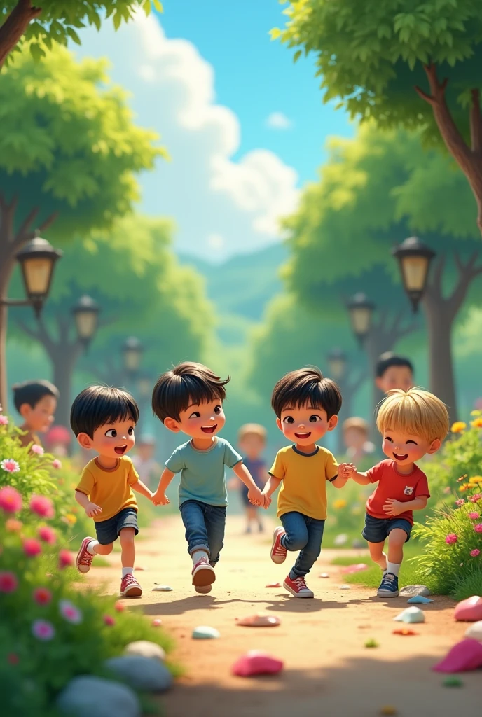 Suga de BTS niño con Jimin de BTS niño jugando con namjoon de bts niño y Taehyung de BTS niño en un parque 