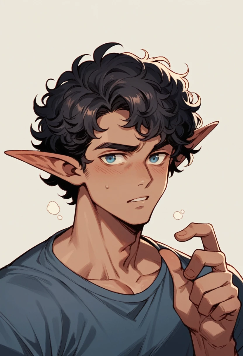 Curly black hair,  blues, male, elf, animated 