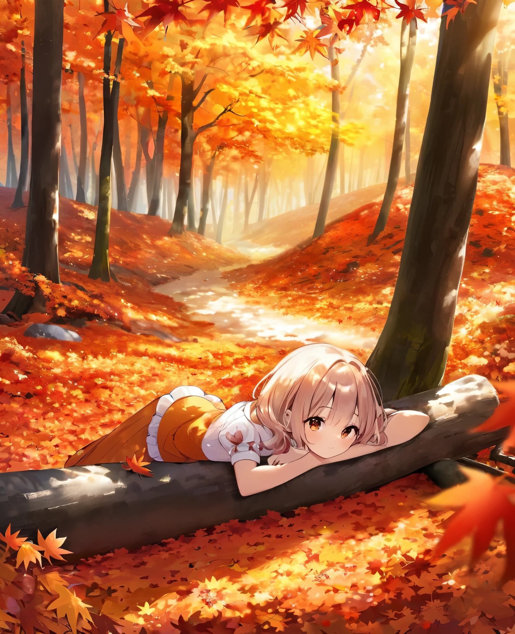 Autumn Maple Forest, Pretty girl lying down,