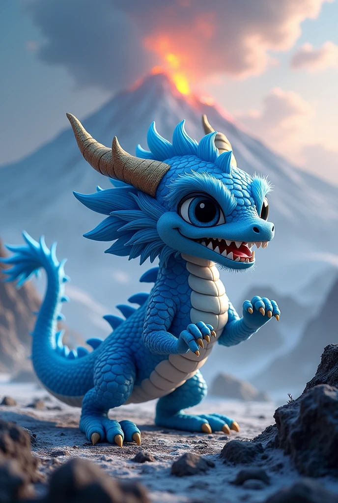 Chinese style blue dragon,Background volcano,fighting stance,fierce,like a fighter,cute