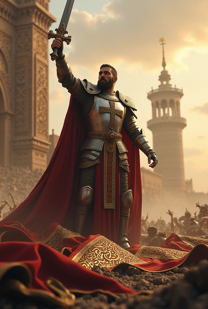 An epic, creative scene illustrating victory of Christianity over Islam.