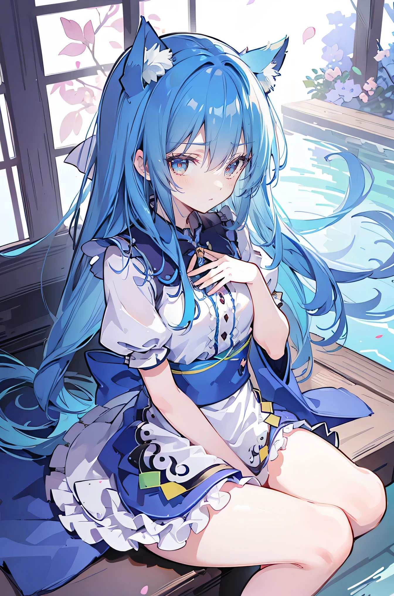 (masterpiece:1.2),ultra-detailed,realistic,expressive eyes,fair-skinned,perfectly shaped face,1girl,
Japanese cartoons,Gorgeous blue hair, flowing blue hair,floating clothes,cat ears,petals falling,beautiful Lola,Hina Angel,
hands on waist,gracefully sitting on the ground,legs crossed,gentle and serene background,cool and comfortable pavilion.