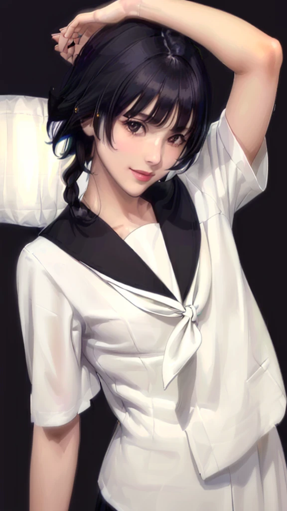 (（（Perfect body,White and tender skin,（（（JK_style，short-sleeved JK_shirt，short-sleeved JK_sailor，JK_suit，JK_tie ）））,（（（sui-feng, short hair, short hair with long locks，Black hair））），((masterpiece)),high resolution, ((Best quality at best)),masterpiece,quality,Best quality,（（（ Exquisite facial features,Looking at the audience,There is light in the eyes,Smile））），）））,（（（Light and shadow,Small chest，）））,（（（Looking at the camera,black background,)））),