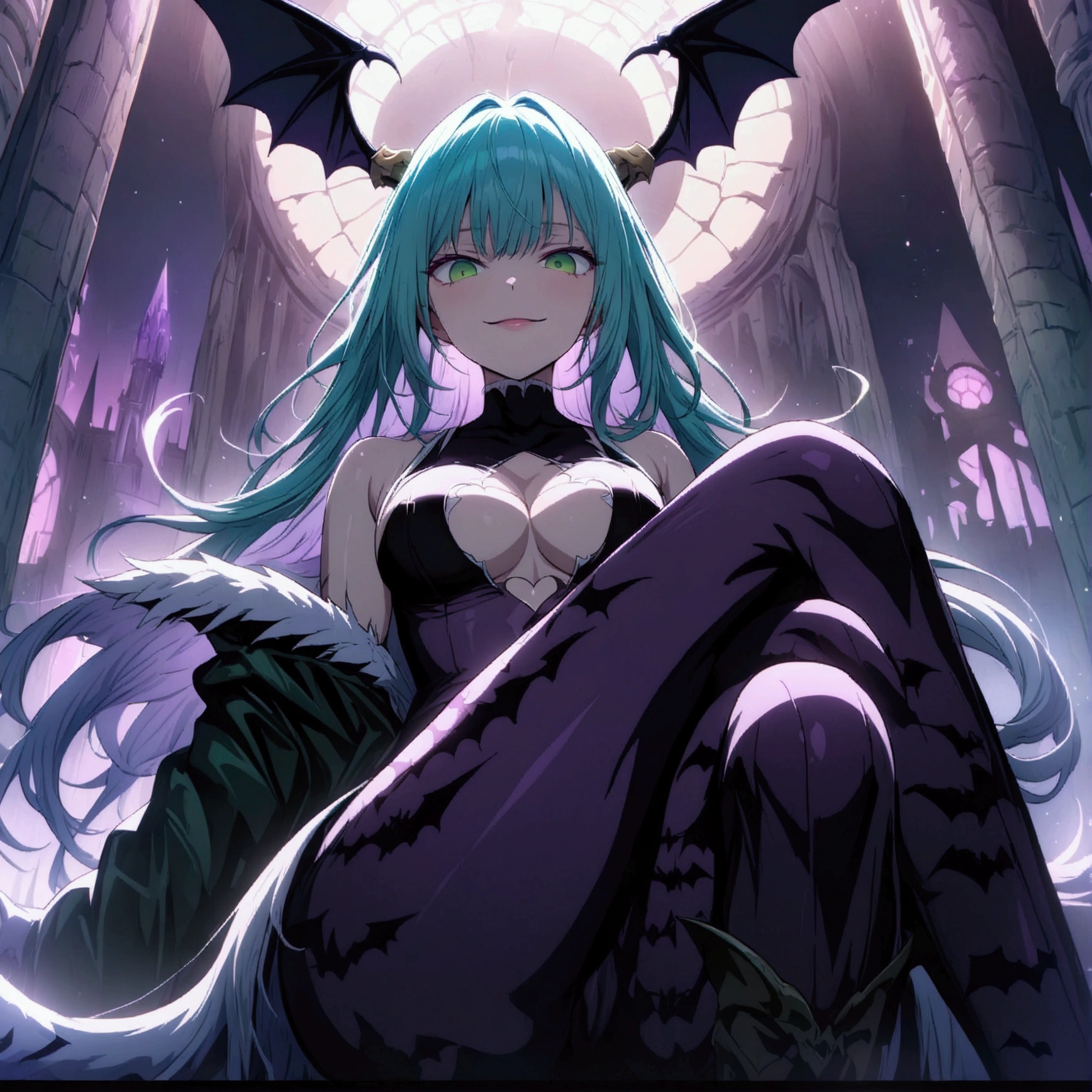 (masterpiece),(best quality),(high resolution), (majestic aesthetic),(ultra-detailed),(Intricate),(anime picture),(art cg),(marvellous illustration),(Sharp),(high detailed), (4k), (extremely detailed) BREAK 1girl, morrigan aensland, vampire \(game\), small bat wings attached head, green eyes, grossly eyes, long hair, flowing hair, turquoise hair,(off shoulder bodysuit,sleeveless,cleavage,heart cutout) BREAK purple pantyhose,bat print pantyhose,long boots,large bat wings attached back, bridal gauntlets BREAK 1 girl, smile, from below, looking at viewer, fantasy, castle, sitting on lavish throne, crossed legs