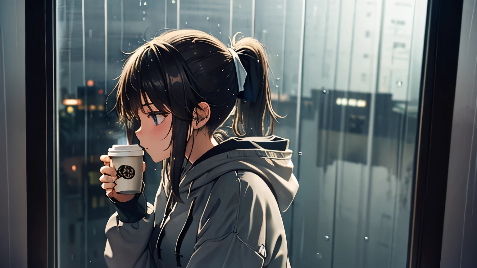 (A girl living alone, brunette, medium hair, ponytail, gray hoodie, long sleeves, miniskirt), (Tokyo city at night, rain-soaked window), (Coffee, listening to music with headphones, rain outside the big window)