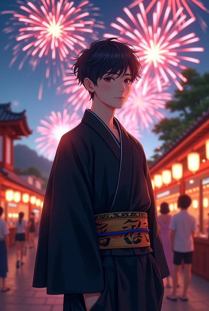 Summer festival, black yukata, realistic fireworks, young man, full body, mash hairstyle, mesh highlights, anime