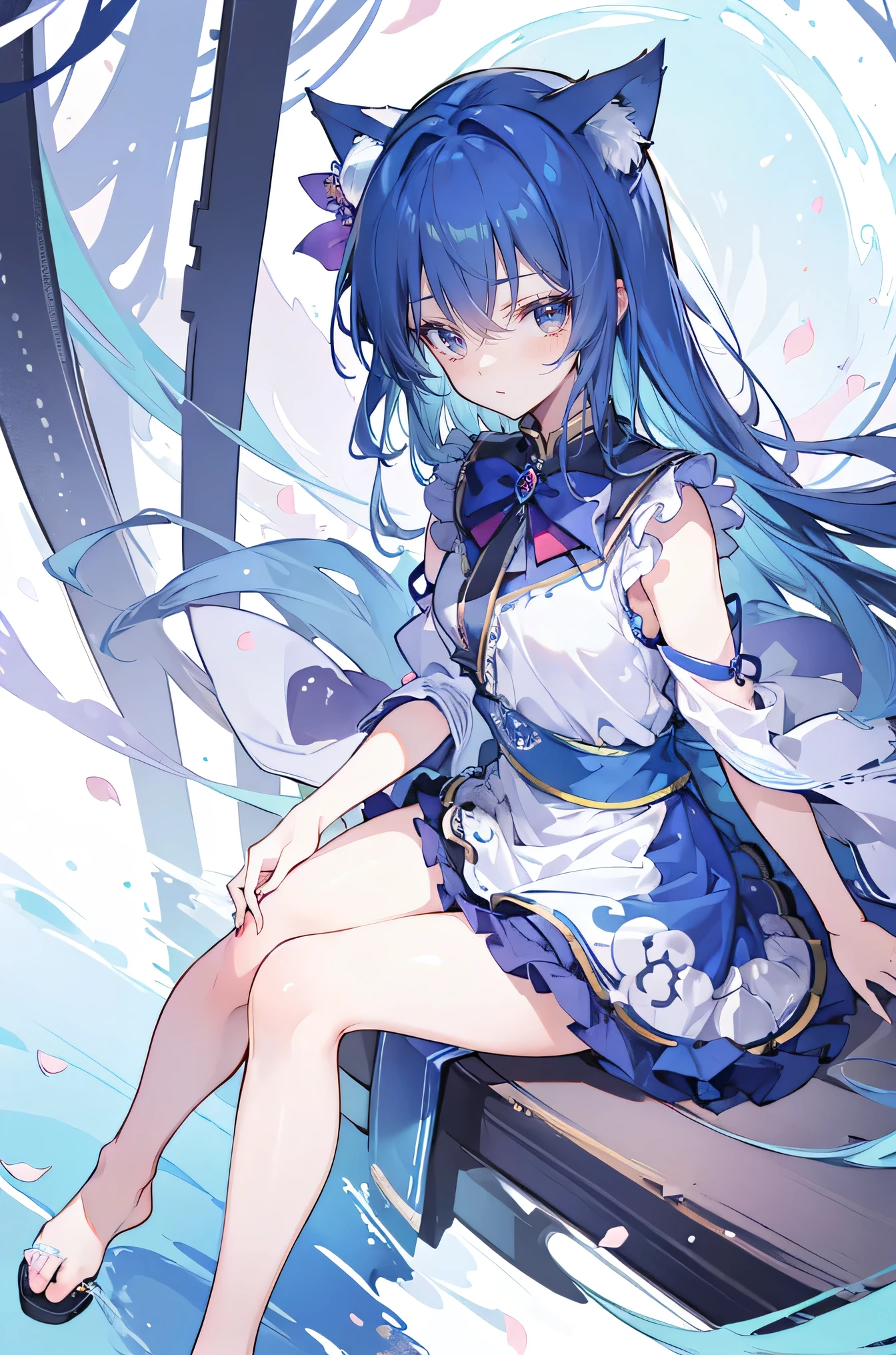 (masterpiece:1.2),ultra-detailed,realistic,expressive eyes,fair-skinned,perfectly shaped face,1girl,
Japanese cartoons,Gorgeous blue hair, flowing blue hair,floating clothes,cat ears,petals falling,beautiful Lola,Hina Angel,
hands on waist,gracefully sitting on the ground,legs crossed,gentle and serene background,cool and comfortable pavilion.