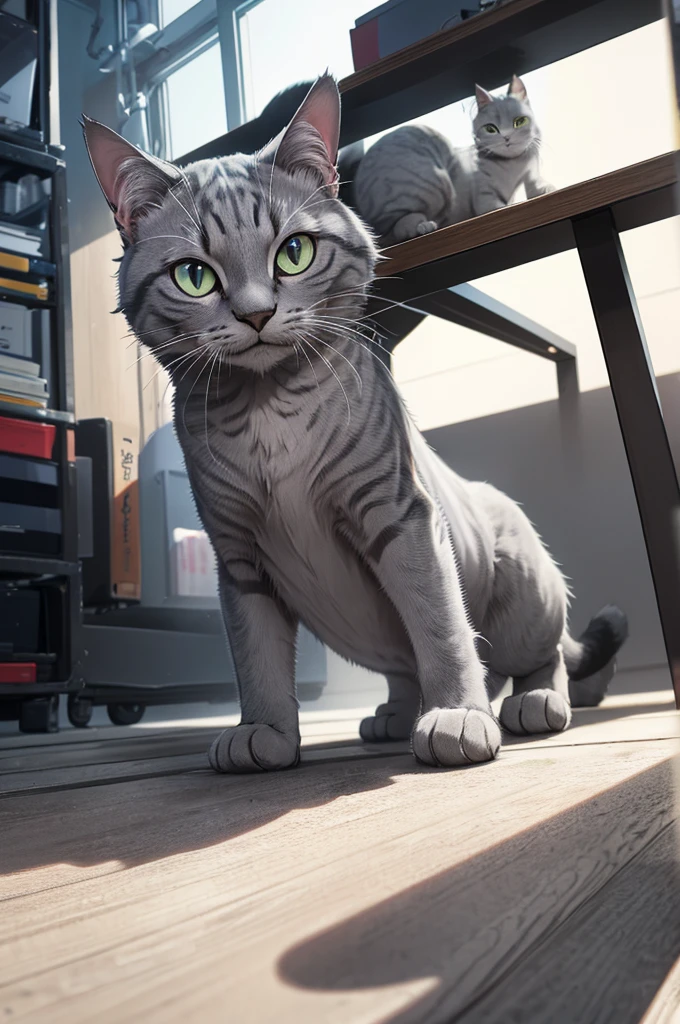 grey cat lifting his paw