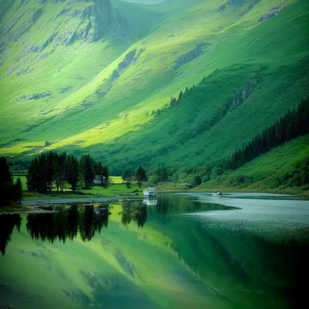 There is a small boat floating on the water, scottish highlands, stunning nature in background, pretty lake, beautiful place, Stunning scenery, in a Tranquil scenery, beautiful Tranquil scenery, The beauty of natural landscape, nature's beauty, Magnificent natural scenery, Stunning scenery, Tranquil scenery, Really beautiful nature, Tranquil scenery, Peaceful and tranquil, Stunning scenery