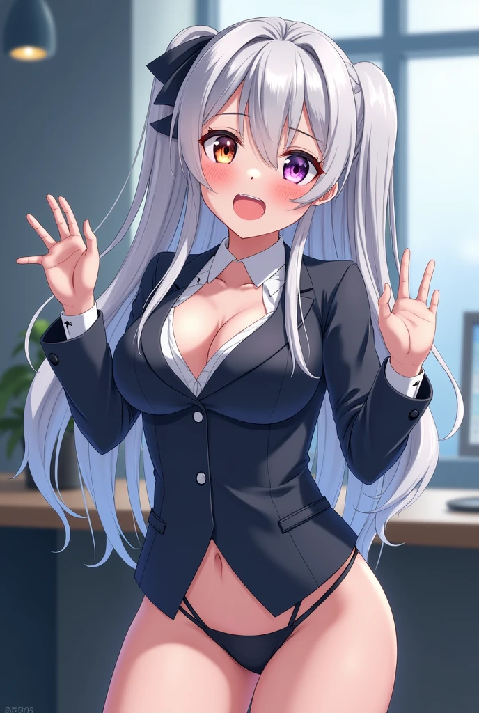 (8K, highest quality, masterpiece:1.3)), ultra-high resolution, (1 girl, 1 person), (color-changing eyes, super detailed, expressive glow, sparkling, shining eyes), highly detailed eyes, highly detailed face, random hair, (silver-grey color), exhibitionist, recruitment suit, junior girl, (cute bra and thong:1.2), (ecstatic expression:1.3), inside the office, seducing a man, erect nipples,anime