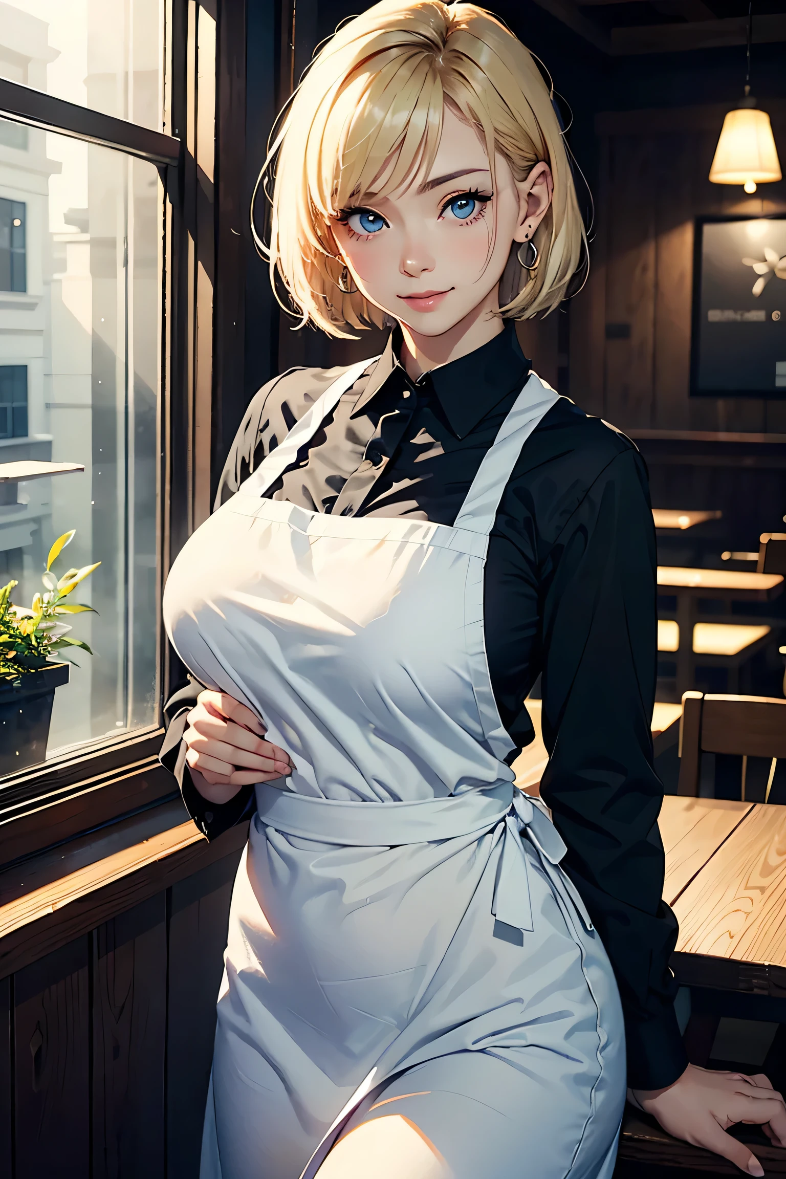 (masterpiece:1.2, Highest quality), (Realistic photos), Beautiful illustrations, (Natural side lighting, Cinema lighting),(1 girl), Japanese, 20-year-old female, Perfect Face, Symmetrical cute face, Glowing Skin,(Blonde Short Hair)、Earrings、Dark blue eyes, (Huge breasts), Slender build、Beautiful Hair, Beautiful Face, Fine and beautiful eyes, Beautiful body, Beautiful breasts,(Black Apron、White collared shirt、Black slacks)、smile、Blushing、Cafe、rain、window、Glass