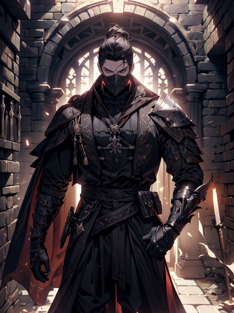 (masterpiece, high quality, cinematic lighting, backlighting, sharp colors)
Tall muscular young man, black hair tied in a bun, dark eyes, compact muscles. Face hidden by a full iron mask, expressionless. Wears medieval robe, leather shirt and pants, armor plates on vital areas. Dark crime scene background, shadowy atmosphere.