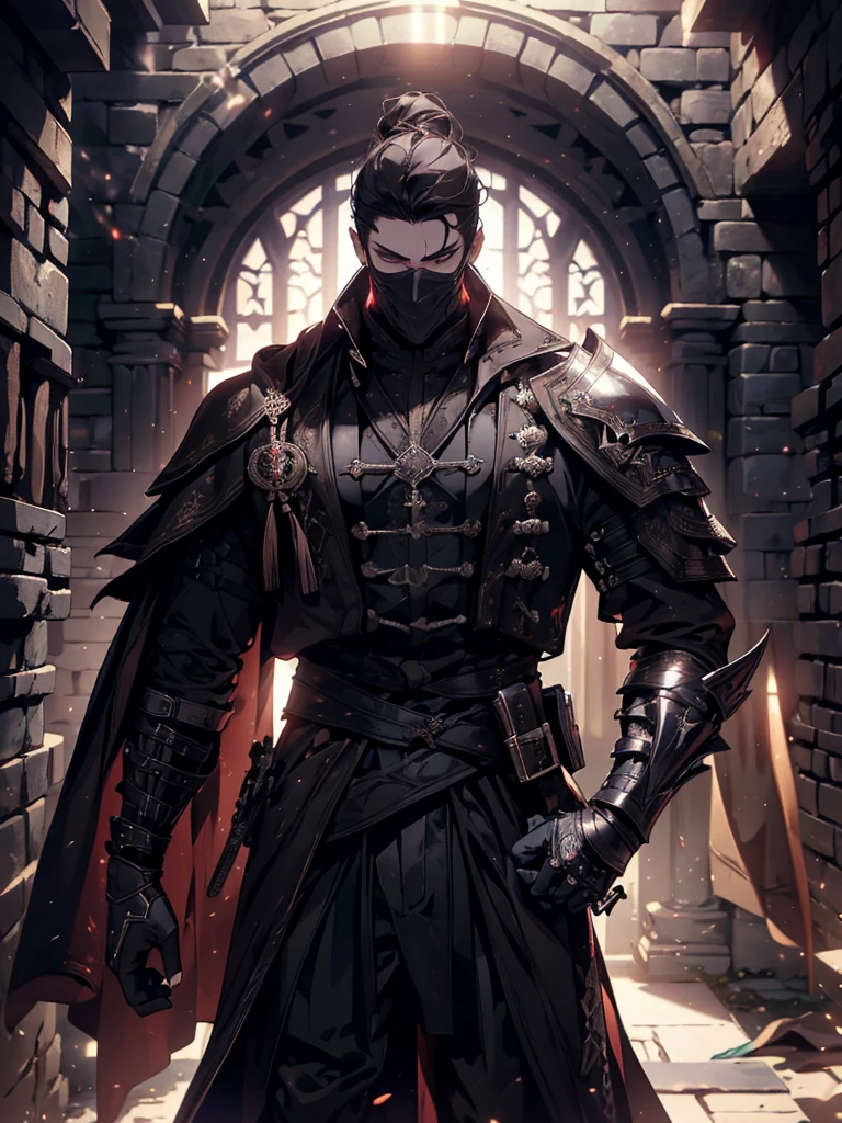 (masterpiece, high quality, cinematic lighting, backlighting, sharp colors)
Tall muscular young man, black hair tied in a bun, dark eyes, compact muscles. Face hidden by a full iron mask, expressionless. Wears medieval robe, leather shirt and pants, armor plates on vital areas. Dark crime scene background, shadowy atmosphere.