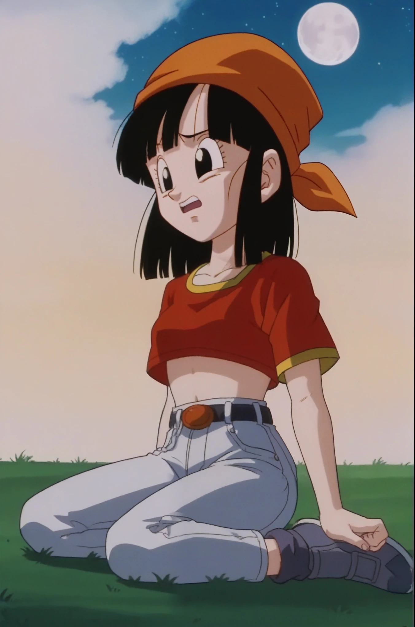 source_anime, score_9, score_8_up, score_7_up, anime screencap,
pangt, 1girl, sad, bangs, closed mouth, melancholic, lost look, grass, black hair, looking into space, evening, full moon, moonlight, collarbone, whole body, teeth, blunt bangs, outdoors, black eyes, eyelashes, upper teeth only, red crop top, bandana, retro artstyle, , 1990s \(style\), orange headwear, sitting, medium ass, breasts