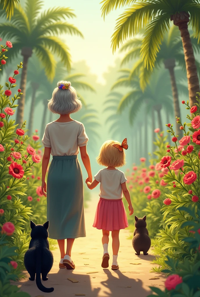 apparaissent une mamie de dos, les cheveux mi long grisonnants, elle a une barette papillon multicolore dans les cheveux, elle tient par par main sa fille blonde de 4 ans qui est debout a côté d elle, de dos egalement. Elles avancent au soleil dans un jardin luciriant où lon voit des roses trémières, des framboisiers, des pieds de tomate et des palmiers. On peut apercevoir egalement dans ce jardin un chat noir un peu gros et un autre chat noir et marron