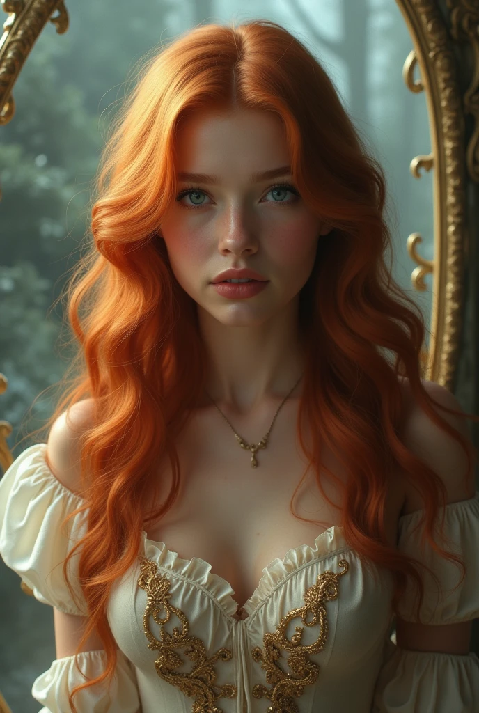 (solo, full body photo:1.3), (action packed:1.3), (haze, fog, mist:1.3), chiaroscuro, best quality, photorealistic, 1woman, (cute), (24yo:1.2), redhead, long ginger hair highly detailed, 1700'S, digital photography, art by artgerm and ruan jia and greg rutkowski surreal painting gold butterfly filigree, broken glass, (masterpiece, sidelighting, finely detailed Fashionable eyes: 1.2) (perfect oval large eyes that gazes at the viewer), beautiful detailed face, blue gorgeous perfect eyes, (blonde hair ponytail), (attractive young woman:1.3), (thick amazing hair), (seductive:1.1), (blushing:1.1)