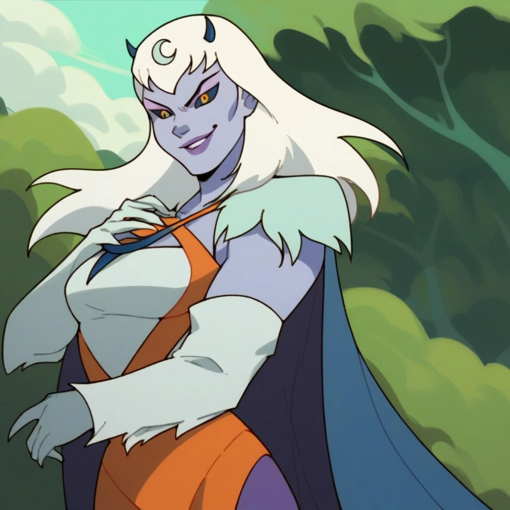 score_9, score_8_up, score_7_up, score_6_up, score_5_up, score_4_up, a girl in the snow forest,  chilla, thundercats, icicles, standing, cape, smile, colored skin, white hair, long hair, solo,  black sclera, yellow eyes,  score_9, source_anime