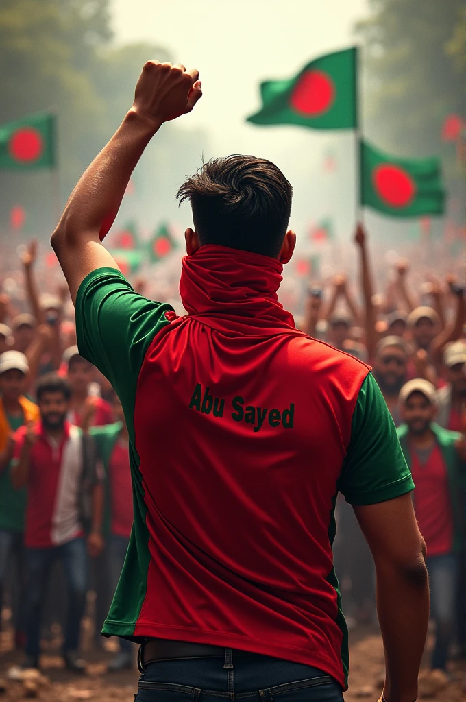 A 25-year-old boy will stand wearing a red cloth on his face and wearing a red and green shirt. He will raise his right hand and make a vigorous movement the name Abu sayed written on the back of the shirt. A large crowd will stand in front of him with raised hands and will protest vigorously, some people will have the Bangladesh flag in their hands