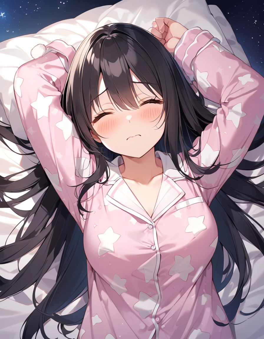 Girl,cute,cute,From above,Chest to head,Look up here,Embarrassed,Straight Hair,Long Hair,Black Hair,big breast photos,looking at the camera,Sleepy look,Lie down in bed,Bedroom,night,Starry Sky,pajamas