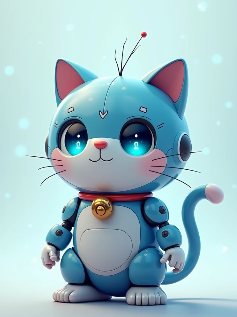 For the portrait, I'll create an imaginative character inspired by Doraemon. Since Doraemon is a robotic cat with a round body, a blue color scheme, and a friendly expression, I'll base the character on these traits but with some unique twists to make it more original. 

Here’s the prompt I will use:

"A futuristic, robotic cat character with a round body and a blue metallic exterior. The cat has large, expressive eyes with a digital glow, a small antenna on top of its head, and sleek, smooth surfaces with subtle technological details. It wears a red collar with a futuristic bell. The character has a friendly and approachable expression, standing against a light, soft background with hints of futuristic elements like floating holograms and digital interfaces."