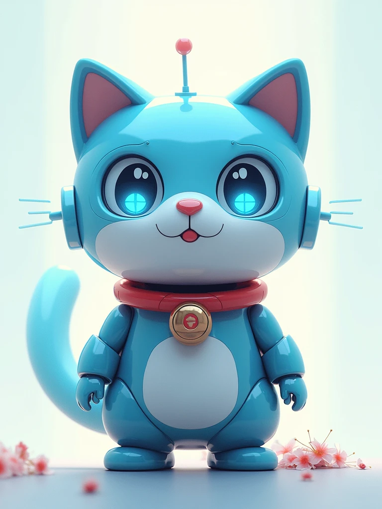 For the portrait, I'll create an imaginative character inspired by Doraemon. Since Doraemon is a robotic cat with a round body, a blue color scheme, and a friendly expression, I'll base the character on these traits but with some unique twists to make it more original. 

Here’s the prompt I will use:

"A futuristic, robotic cat character with a round body and a blue metallic exterior. The cat has large, expressive eyes with a digital glow, a small antenna on top of its head, and sleek, smooth surfaces with subtle technological details. It wears a red collar with a futuristic bell. The character has a friendly and approachable expression, standing against a light, soft background with hints of futuristic elements like floating holograms and digital interfaces."