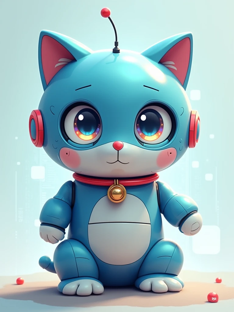 For the portrait, I'll create an imaginative character inspired by Doraemon. Since Doraemon is a robotic cat with a round body, a blue color scheme, and a friendly expression, I'll base the character on these traits but with some unique twists to make it more original.
Here’s the prompt I will use:
"A futuristic, robotic cat character with a round body and a blue metallic exterior. The cat has large, expressive eyes with a digital glow, a small antenna on top of its head, and sleek, smooth surfaces with subtle technological details. It wears a red collar with a futuristic bell. The character has a friendly and approachable expression, standing against a light, soft background with hints of futuristic elements like floating holograms and digital interfaces."