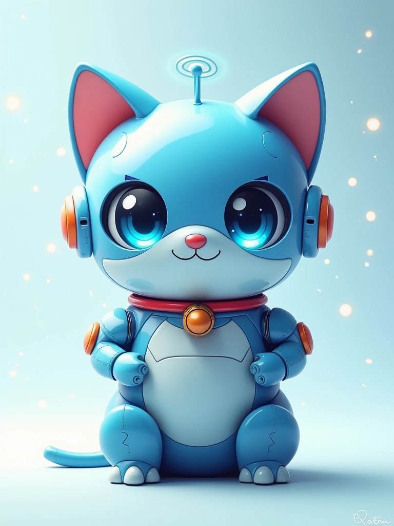 For the portrait, I'll create an imaginative character inspired by Doraemon. Since Doraemon is a robotic cat with a round body, a blue color scheme, and a friendly expression, I'll base the character on these traits but with some unique twists to make it more original.
Here’s the prompt I will use:
"A futuristic, robotic cat character with a round body and a blue metallic exterior. The cat has large, expressive eyes with a digital glow, a small antenna on top of its head, and sleek, smooth surfaces with subtle technological details. It wears a red collar with a futuristic bell. The character has a friendly and approachable expression, standing against a light, soft background with hints of futuristic elements like floating holograms and digital interfaces."