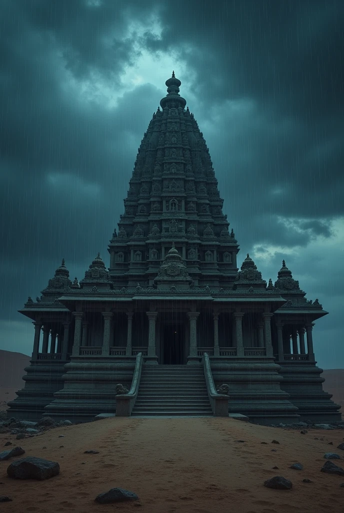 A hindu temple dark in desert with rain and thunderstorm width in dark night less hight more width