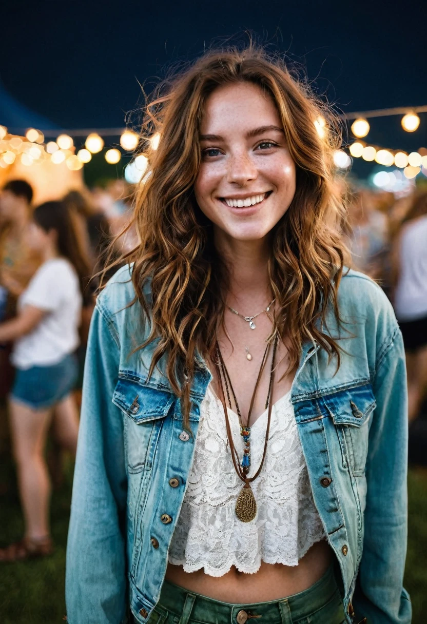 24-year-old woman with chestnut brown hair and green eyes is at an outdoor music festival. She’s dressed in a boho-chic outfit: a flowing top, denim shorts, and her light leather jacket. Her fair, freckled skin glows under the festival lights, and her wavy hair cascades freely around her shoulders. She wears her silver necklace with a small pendant as she smiles and dances to the music