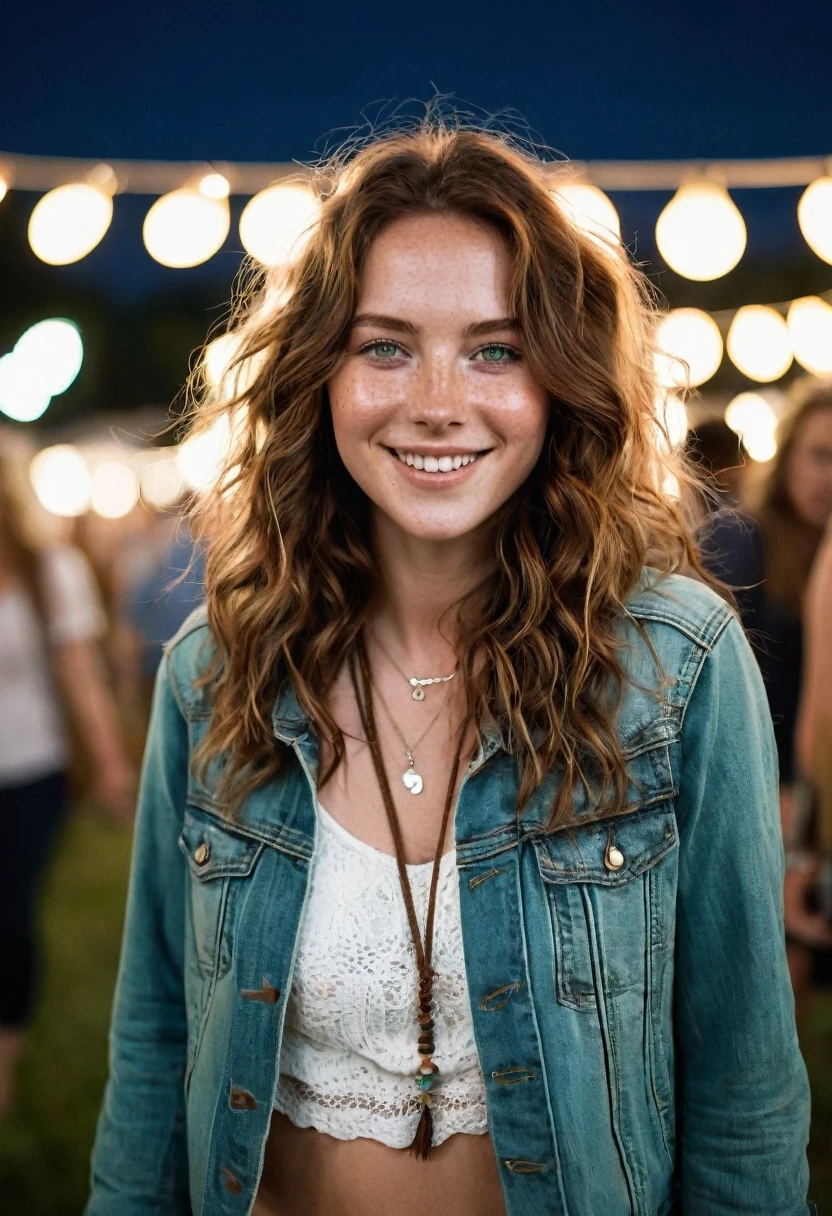 24-year-old woman with chestnut brown hair and green eyes is at an outdoor music festival. She’s dressed in a boho-chic outfit: a flowing top, denim shorts, and her light leather jacket. Her fair, freckled skin glows under the festival lights, and her wavy hair cascades freely around her shoulders. She wears her silver necklace with a small pendant as she smiles and dances to the music