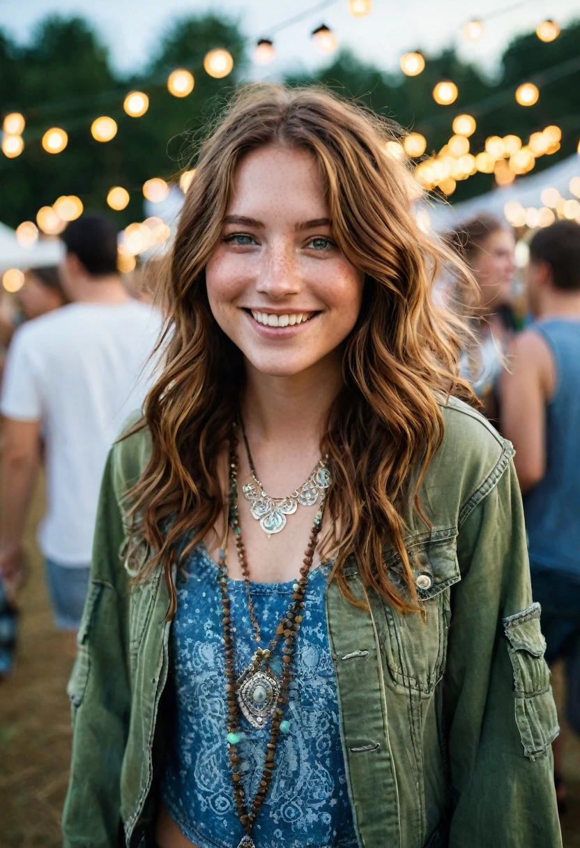 24-year-old woman with chestnut brown hair and green eyes is at an outdoor music festival. She’s dressed in a boho-chic outfit: a flowing top, denim shorts, and her light leather jacket. Her fair, freckled skin glows under the festival lights, and her wavy hair cascades freely around her shoulders. She wears her silver necklace with a small pendant as she smiles and dances to the music