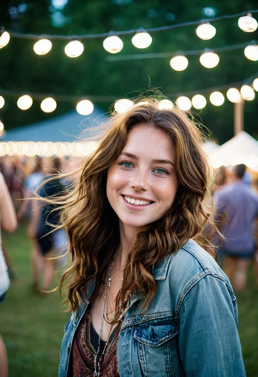 24-year-old woman with chestnut brown hair and green eyes is at an outdoor music festival. She’s dressed in a boho-chic outfit: a flowing top, denim shorts, and her light leather jacket. Her fair, freckled skin glows under the festival lights, and her wavy hair cascades freely around her shoulders. She wears her silver necklace with a small pendant as she smiles and dances to the music