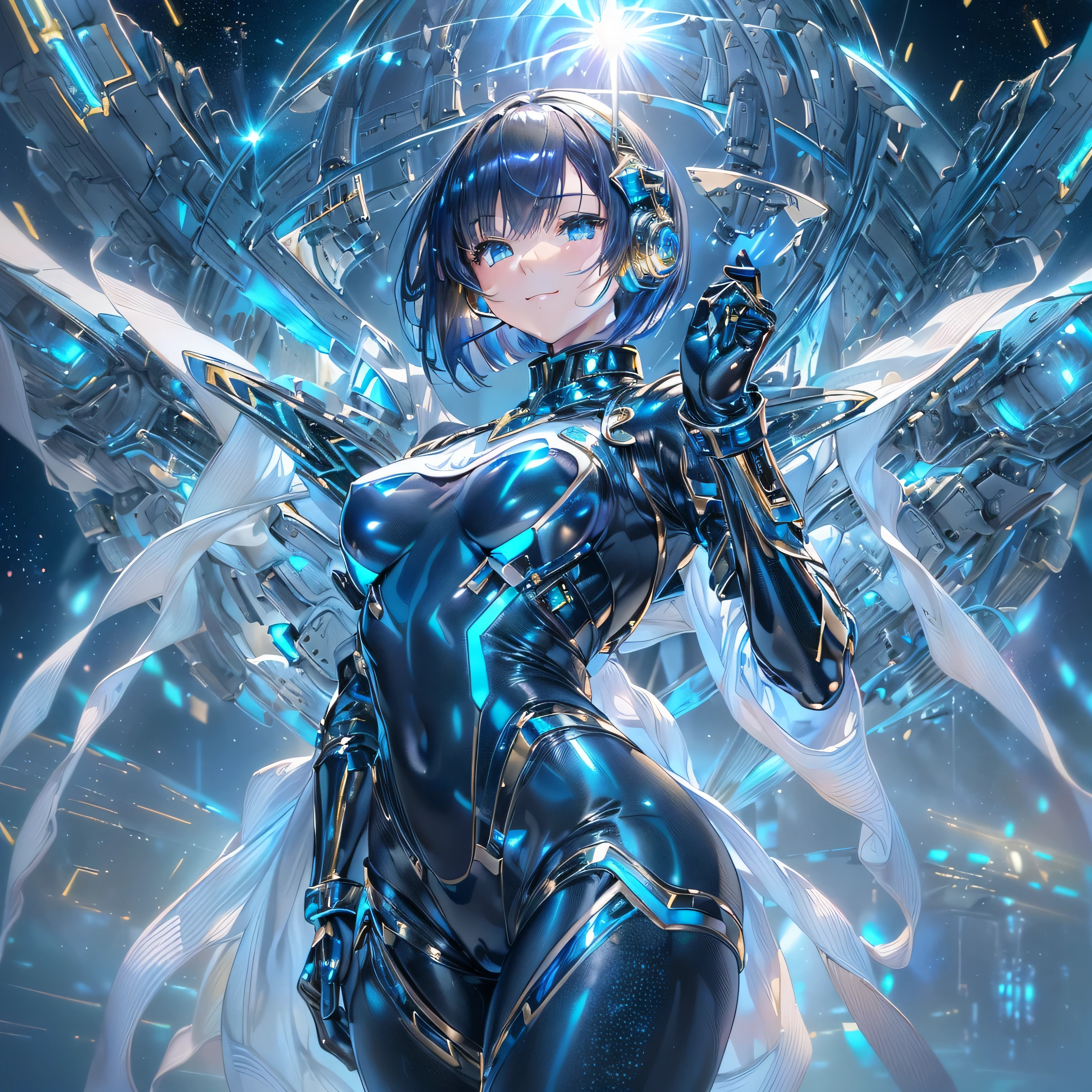 ((Holographic glow effect)),(masterpiece、Highest quality、Highest Resolution、Clear_image、Detailed details、Angle from above): (Whole body、One 20 year old girl、Japanese Faces、Small Face、Slender、Navy blue super short bob cut hair、(Hidden small breasts:1.3)、Sparkling blue eyes、Shiny pilot suit in blue and black colors、Chest protection armor、Tight fitting clothes、Clothing that covers the whole body、Glamorous clothes、Tight Fit Pants、Hide your skin、Very delicate and beautiful、Detailed Skin、hide thighs、Hide your ass、Cute、A gentle smile、Soft expression、heroine、headset、Knee-high boots、Elbow-length gloves、Eye Level Shot、Face directly、Woman on a spaceship)