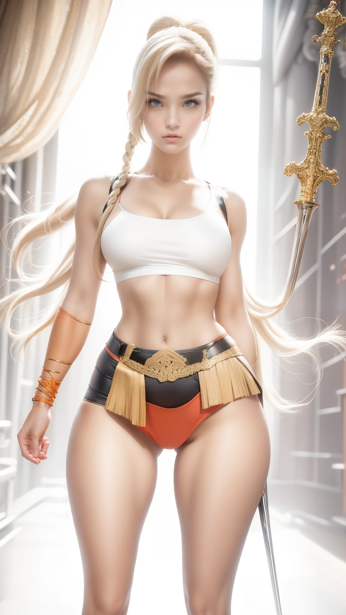 masterpiece, Best Quality, super rendering, super Realistic, High Detail Face, Clean and delicate face, whole body, Crouch and swing a long sword, grip the sword anatomically correctly, Single Braided blonde pony tail, parted bangs, forehead, wearing a camisole and pleated mini skirt, white high cut underwear, Sleeveless, black pantyhose, white short boots, glaring at the viewer, simple color background