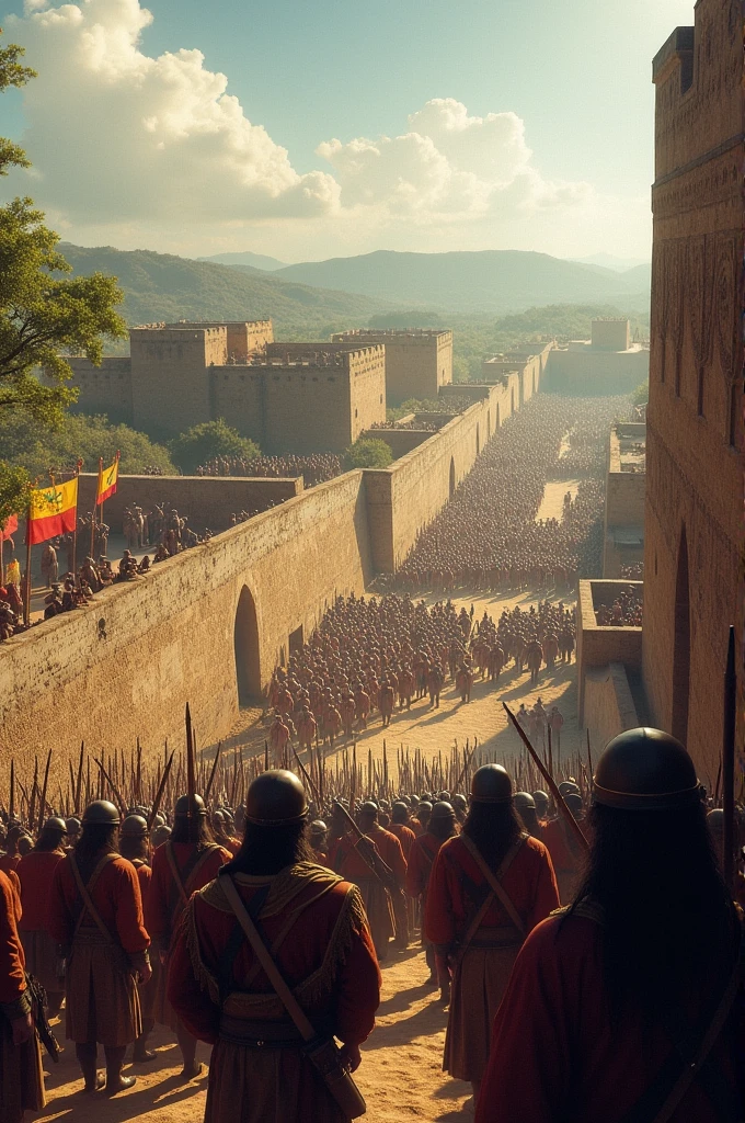 I want to see walls created by indigenous people and see a large number of Spanish soldiers heading towards that city to invade it. 