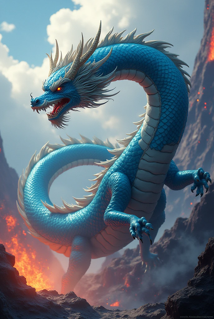 Chinese style blue dragon,Background volcano,fighting stance,fierce,like a fighter,cute