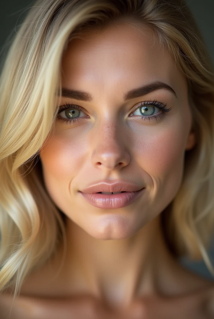 look straight into the eyes of a blonde woman from the front you can see her entire head and shoulders